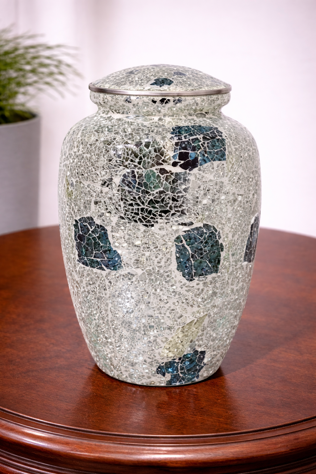 Handcrafted mosaic glass cremation urn with lid