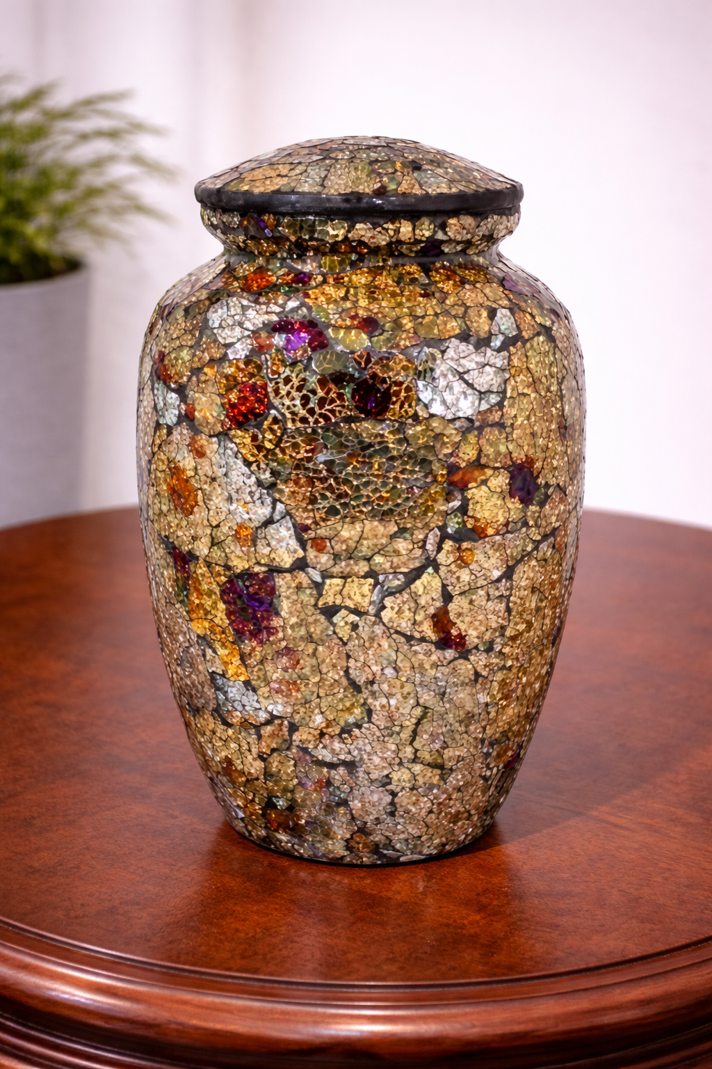 Handcrafted aluminium cremation urn with multicolor mosaic finish