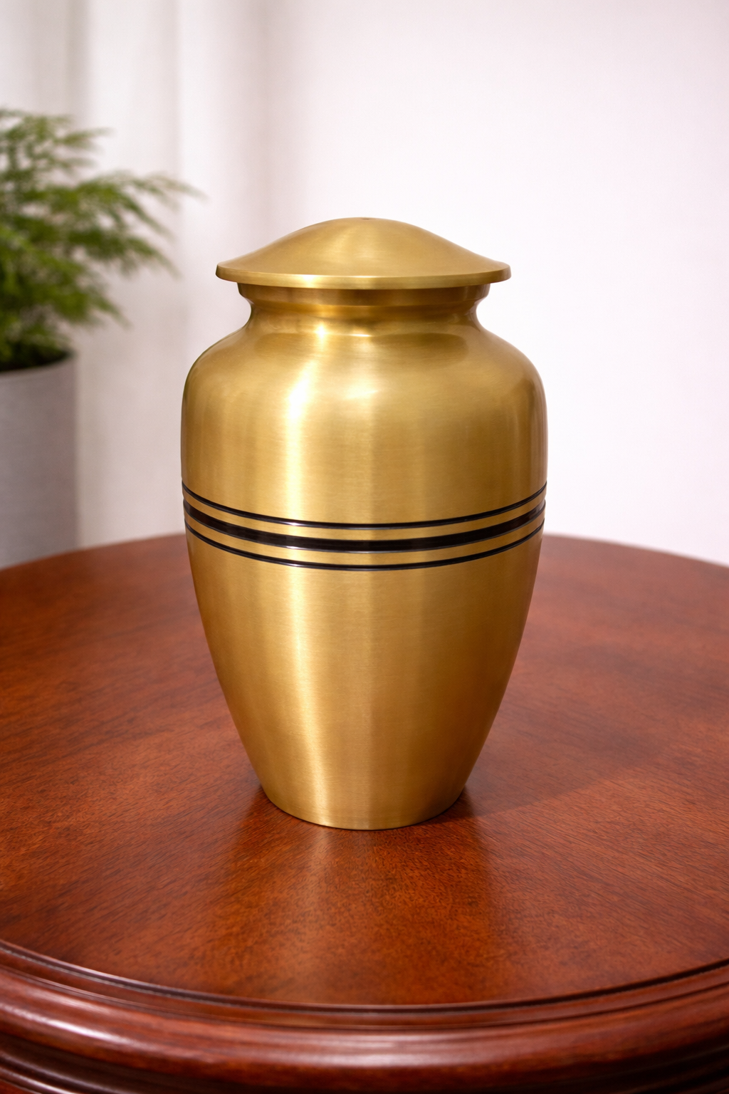 Classic gold-finish aluminium cremation urn with minimalist black band detailing