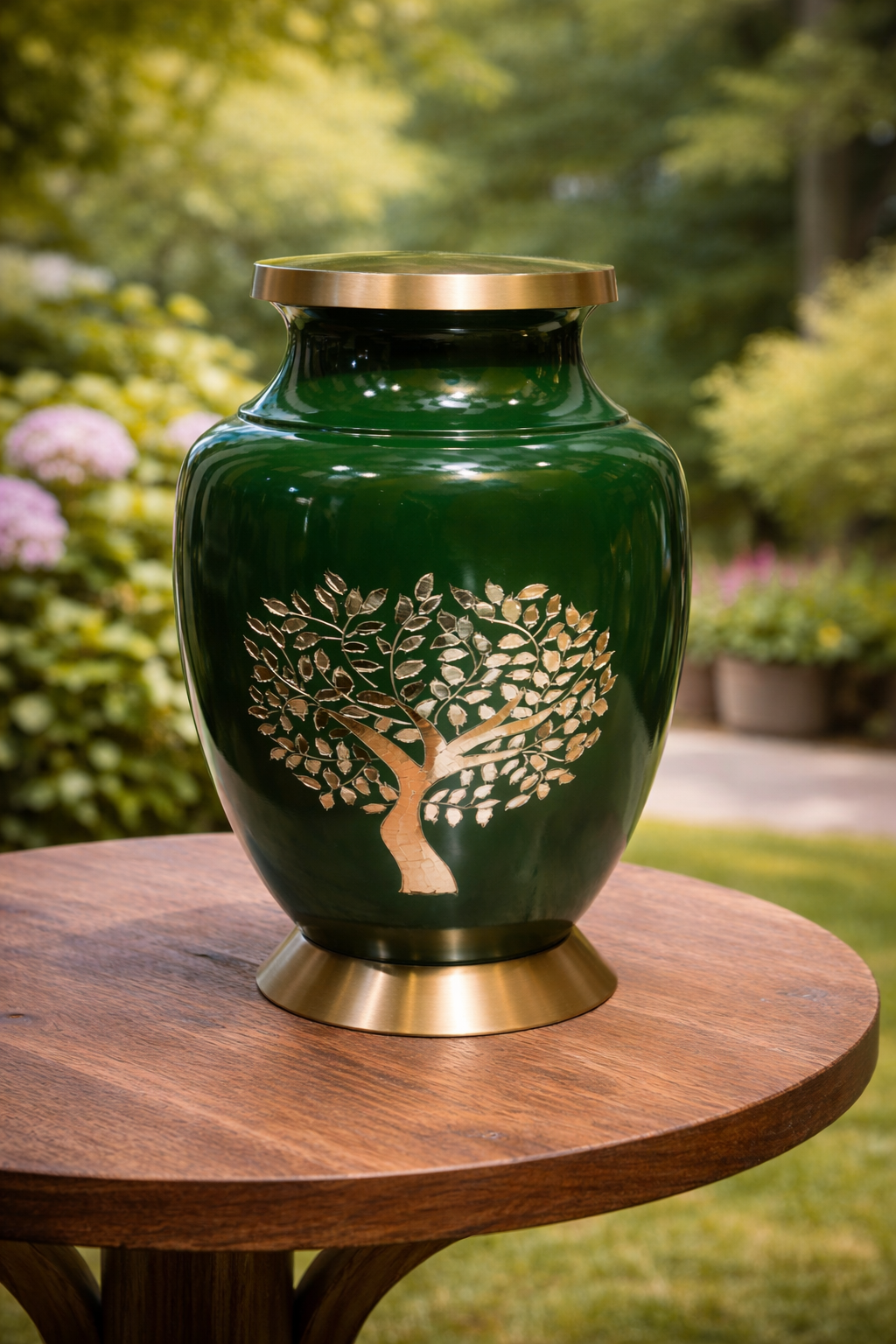 Elegant green brass cremation urn with a beautiful tree of life design and golden lid