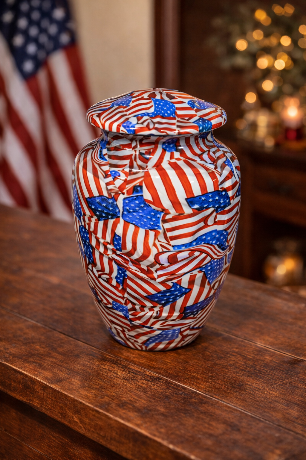 Patriotic aluminum cremation urn featuring a vibrant American flag design