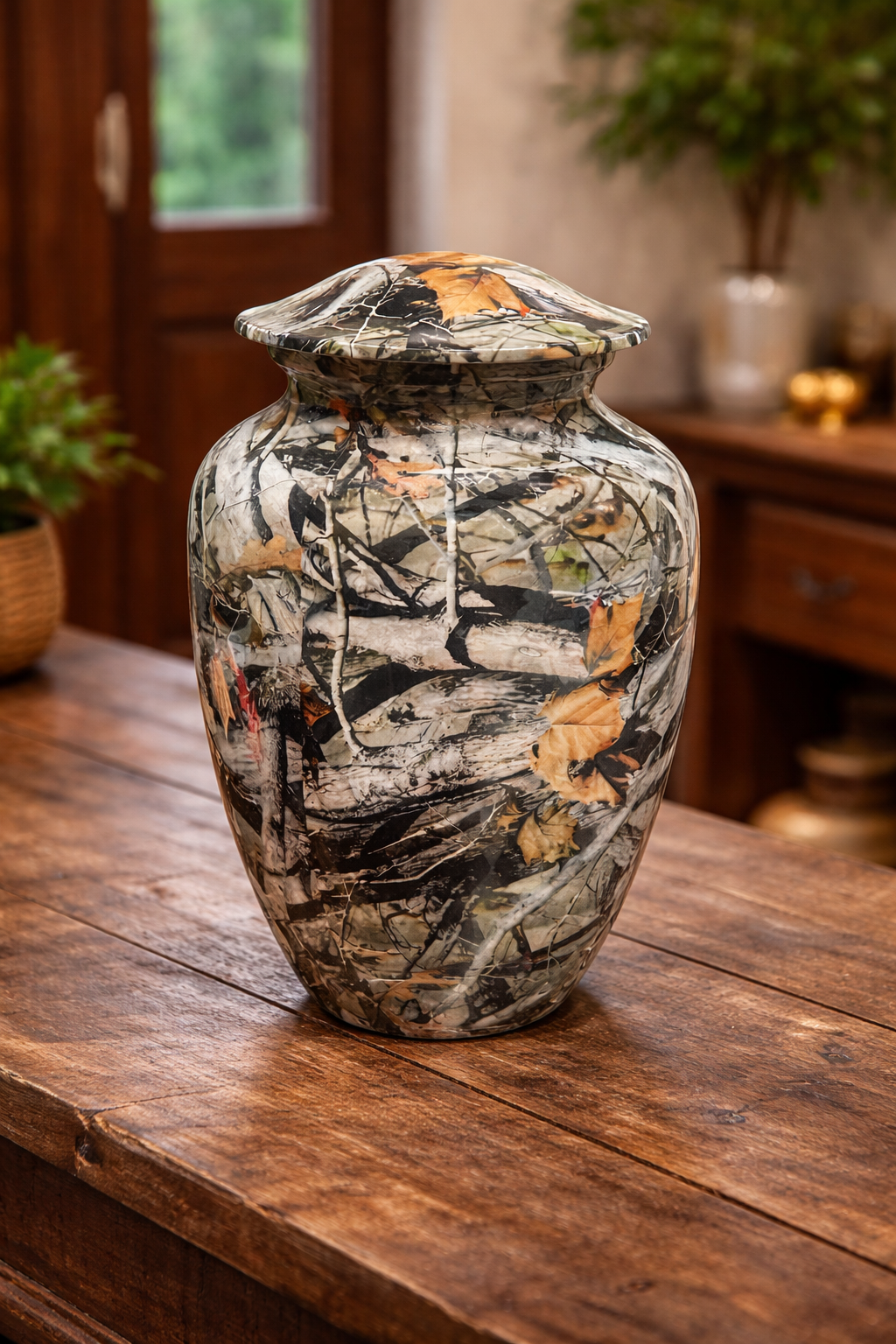 Nature-inspired aluminum cremation urn with realistic woodland camouflage design