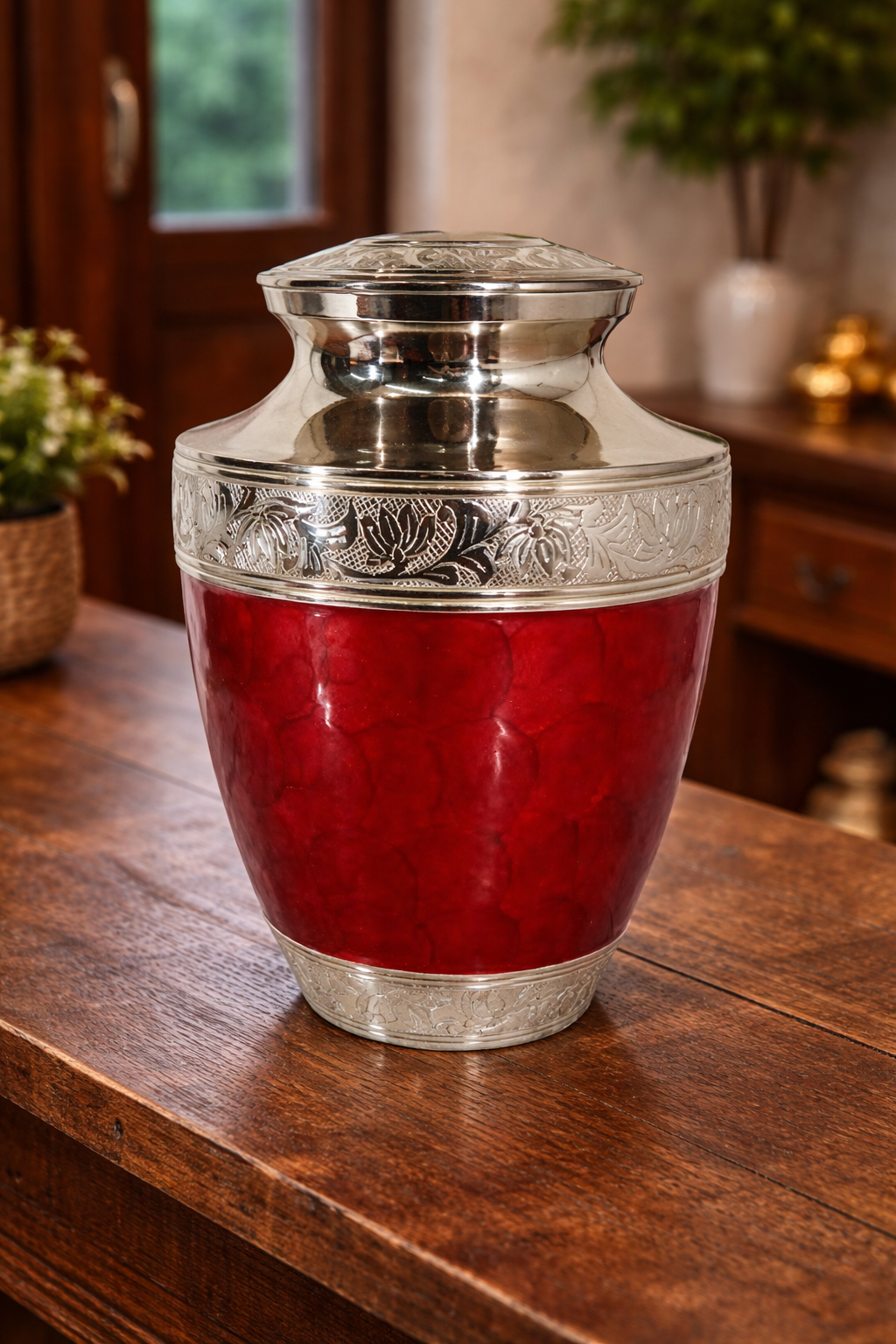 Elegant red aluminum cremation urn with silver engraved bands and glossy finish