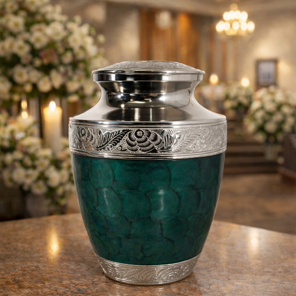 Premium teal aluminum cremation urn with elegant silver engraved detailing and glossy finish