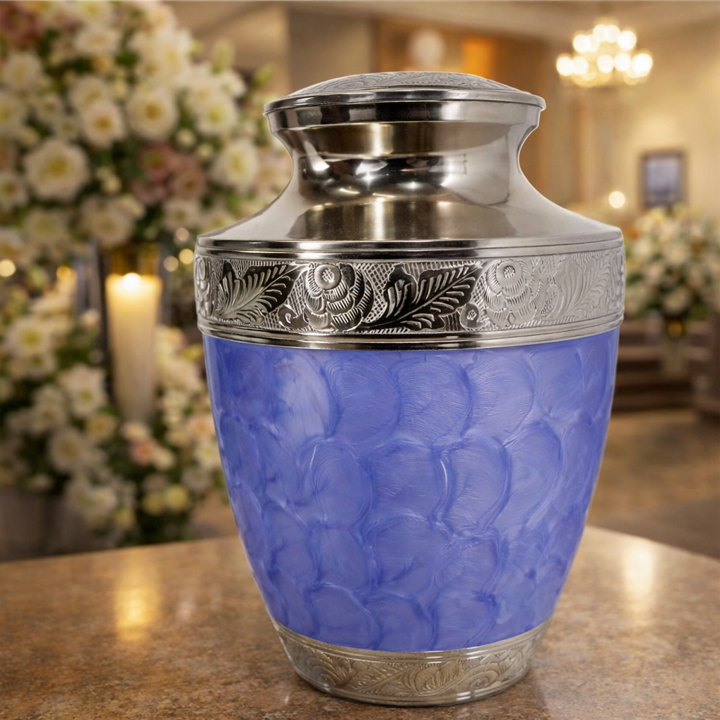 Elegant light blue aluminum cremation urn with engraved silver bands and glossy finish