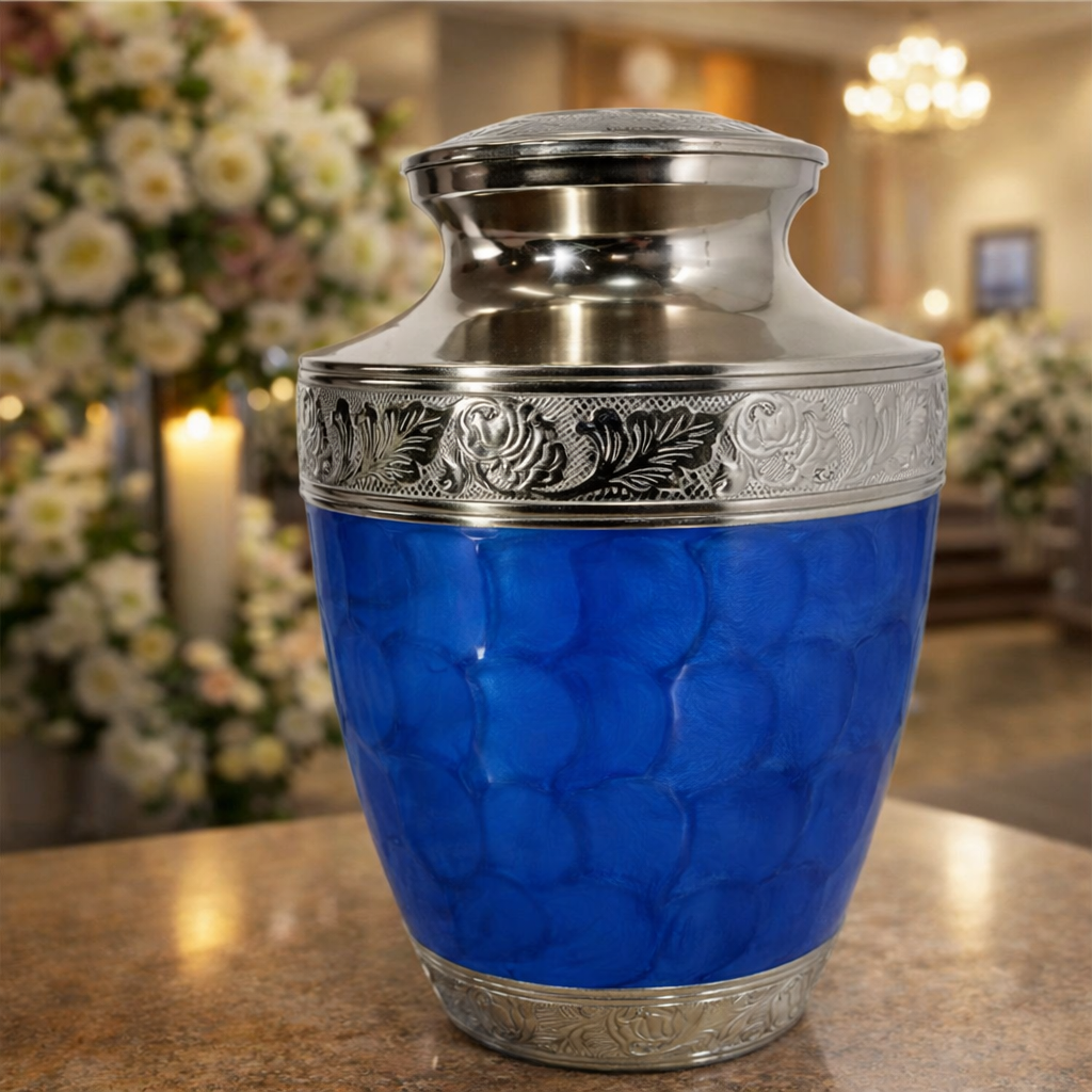 Elegant blue aluminum cremation urn with engraved silver detailing and glossy finish