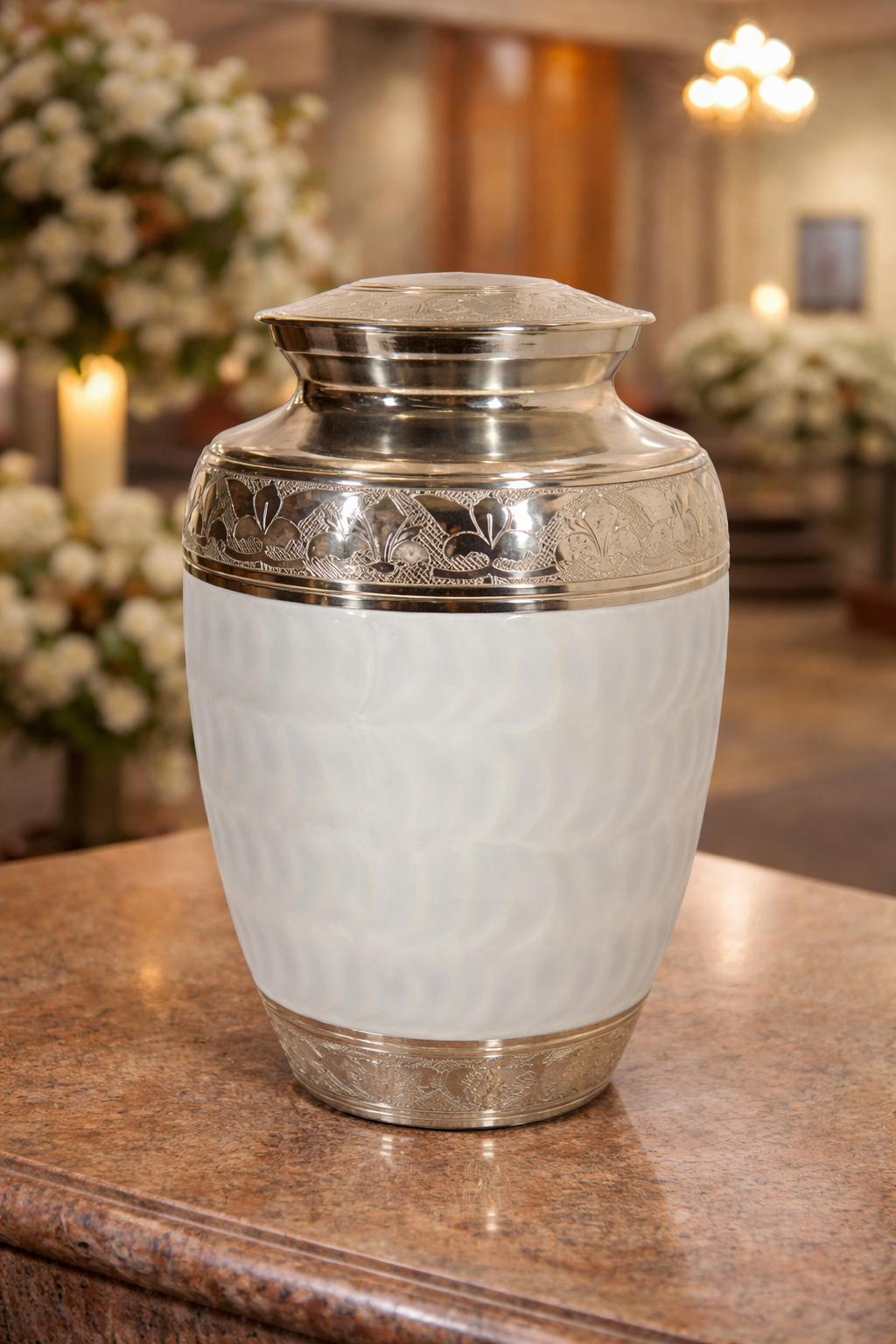 Elegant white aluminum cremation urn with engraved silver bands and glossy finish