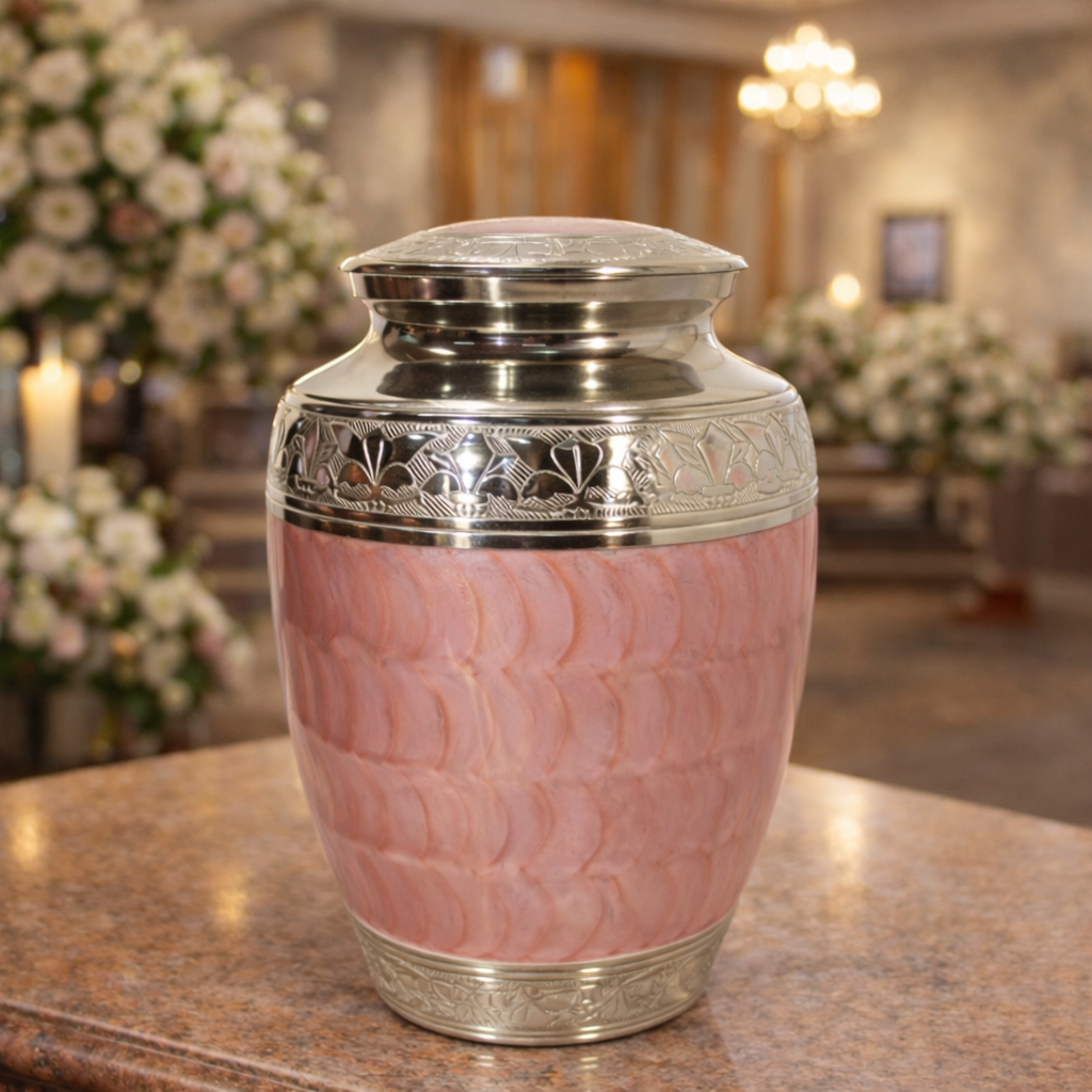 Elegant pink aluminum cremation urn with engraved silver bands and glossy finish