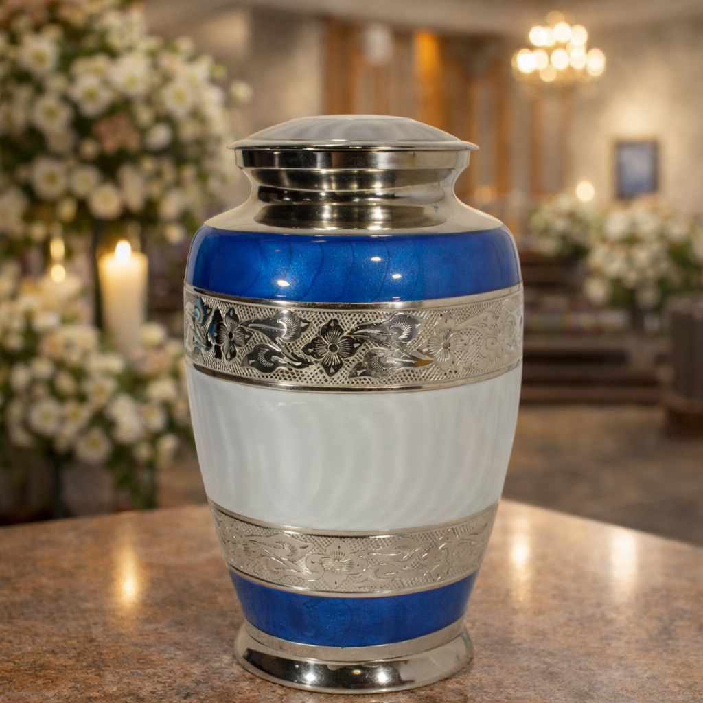 Elegant blue and white aluminum cremation urn with engraved silver floral bands and glossy finish