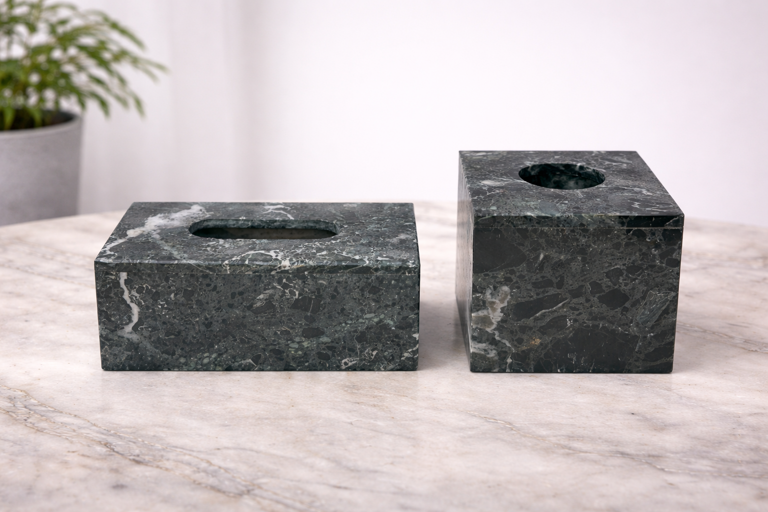 Luxury dark green marble tissue box set with natural veining and polished finish