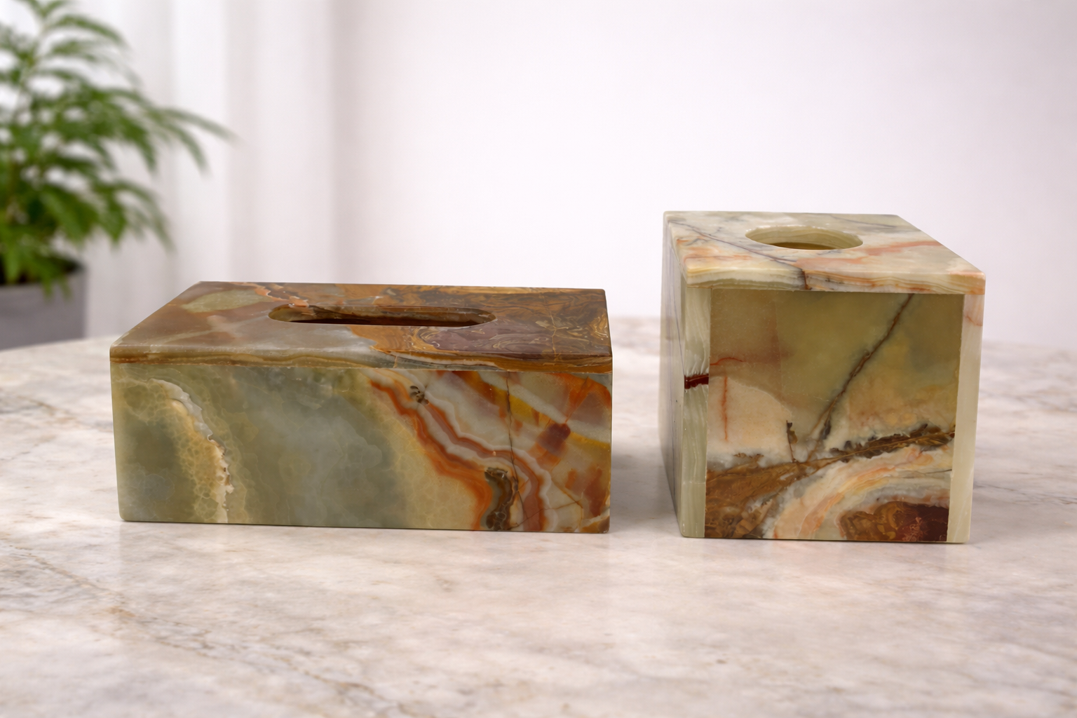 Premium natural onyx marble tissue box set with rich multicolor veining and polished finish