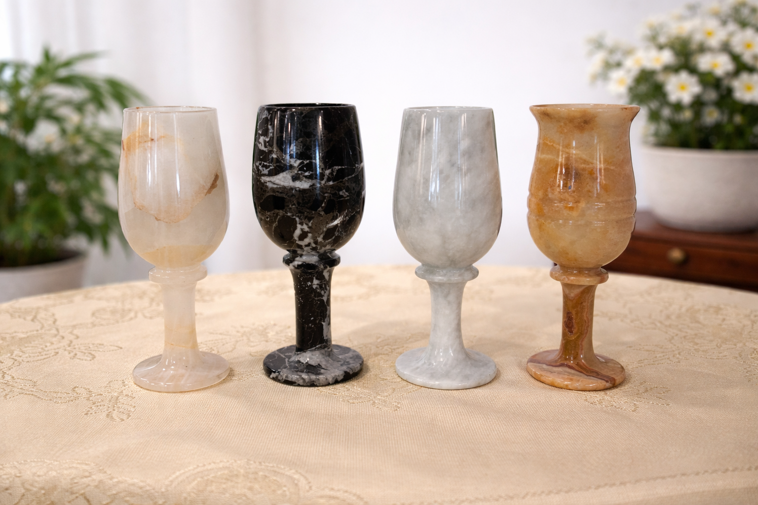 Handcrafted marble wine glass set with polished natural stone finish