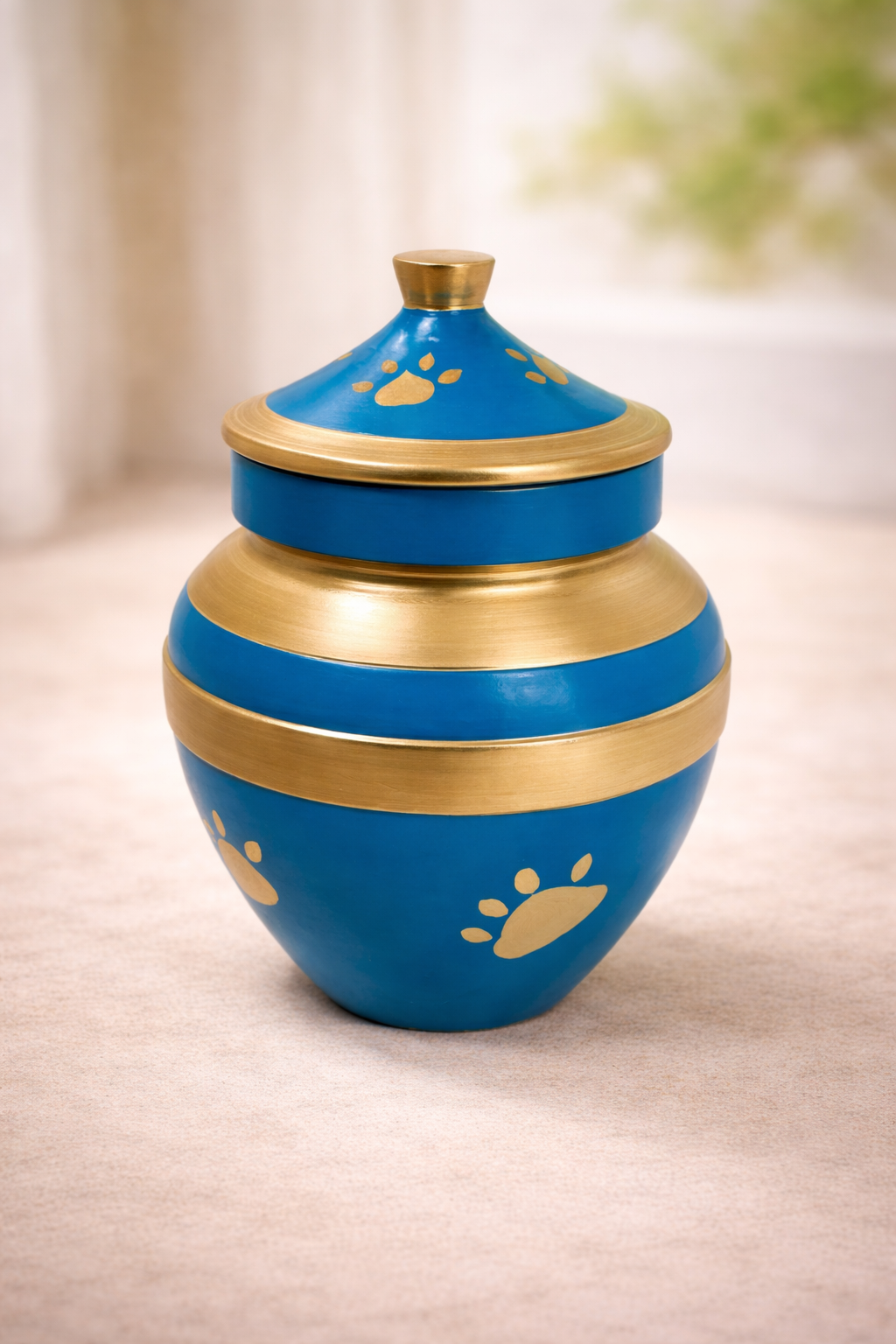Biodegradable pet cremation urn with elegant blue and gold design