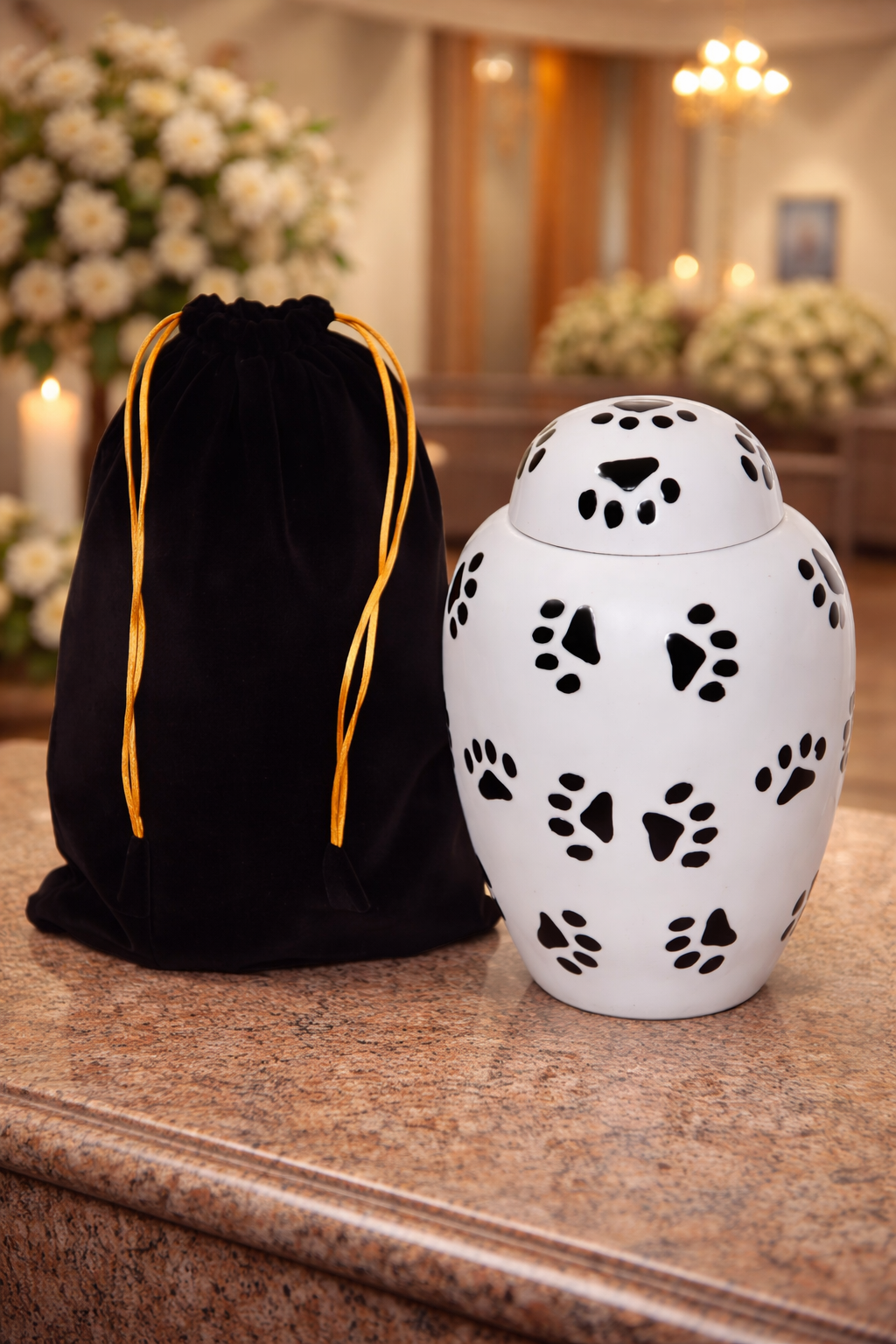 Premium brass pet cremation urn with paw print design