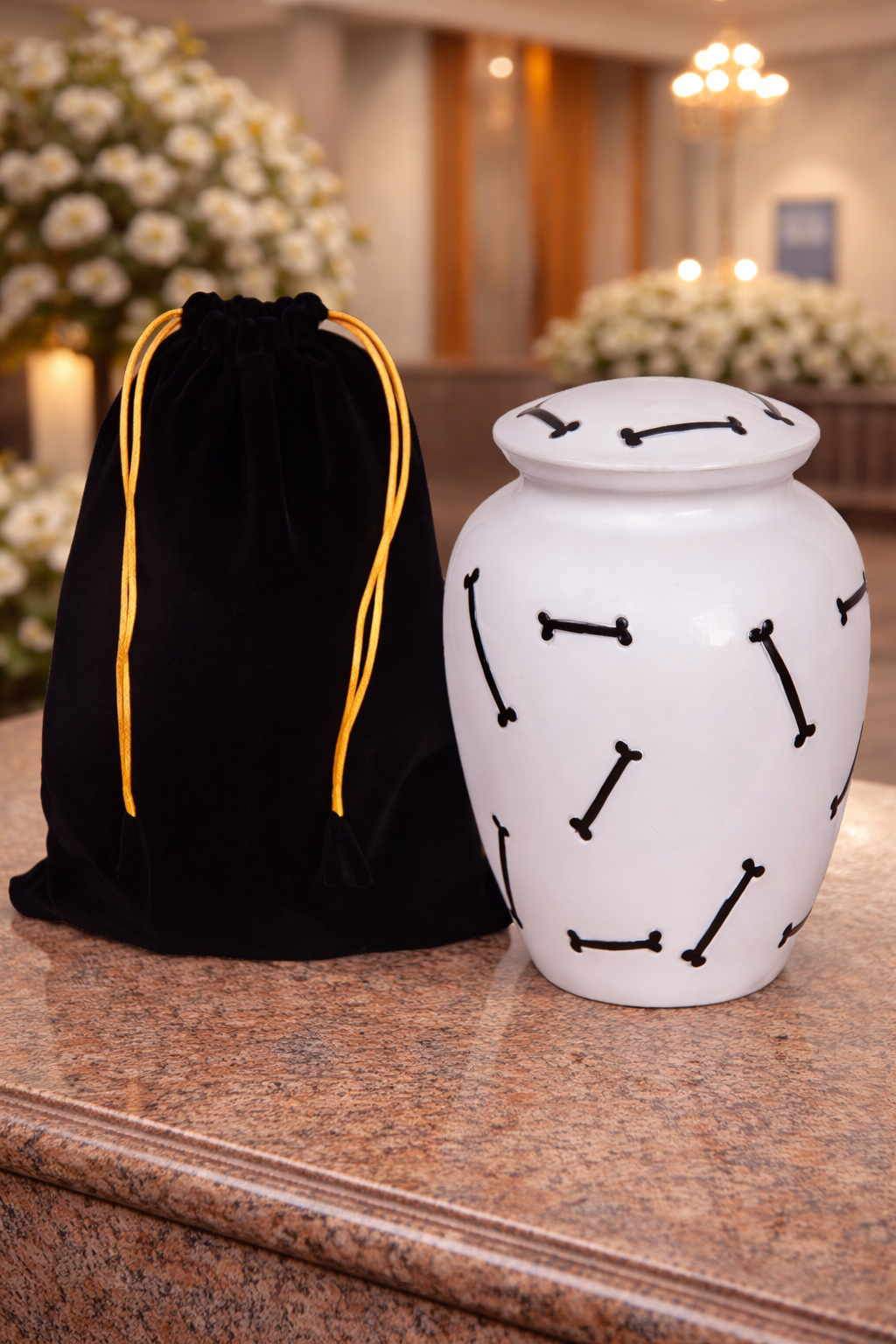 Premium brass pet cremation urn with elegant white finish and bone pattern