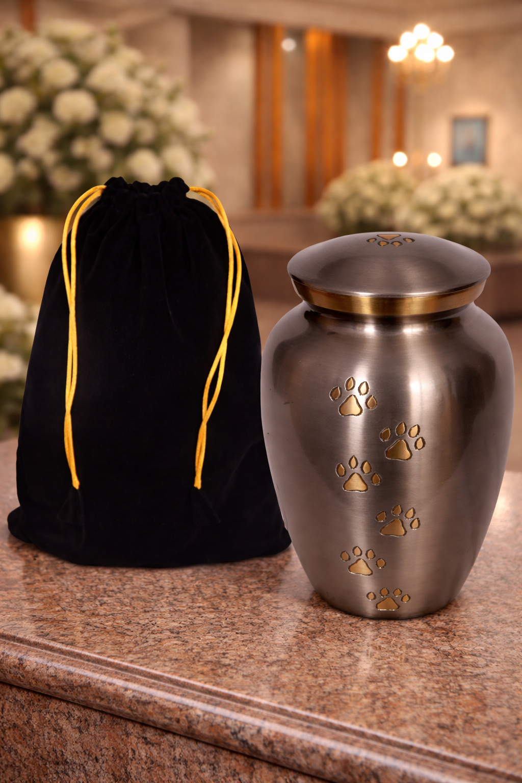 Elegant brass pet cremation urn with engraved paw prints and velvet bag