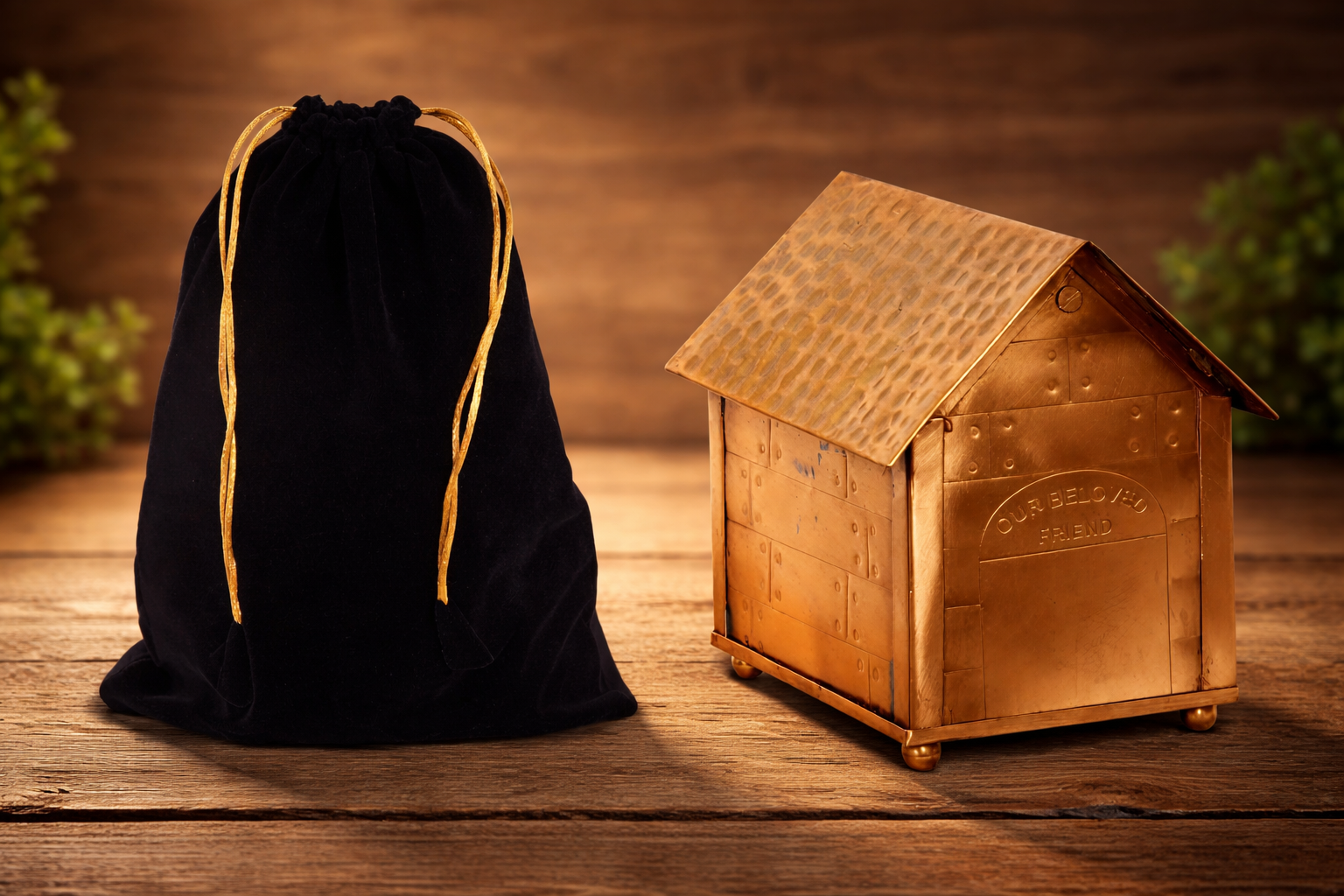 Unique brass pet urn in a house-shaped design