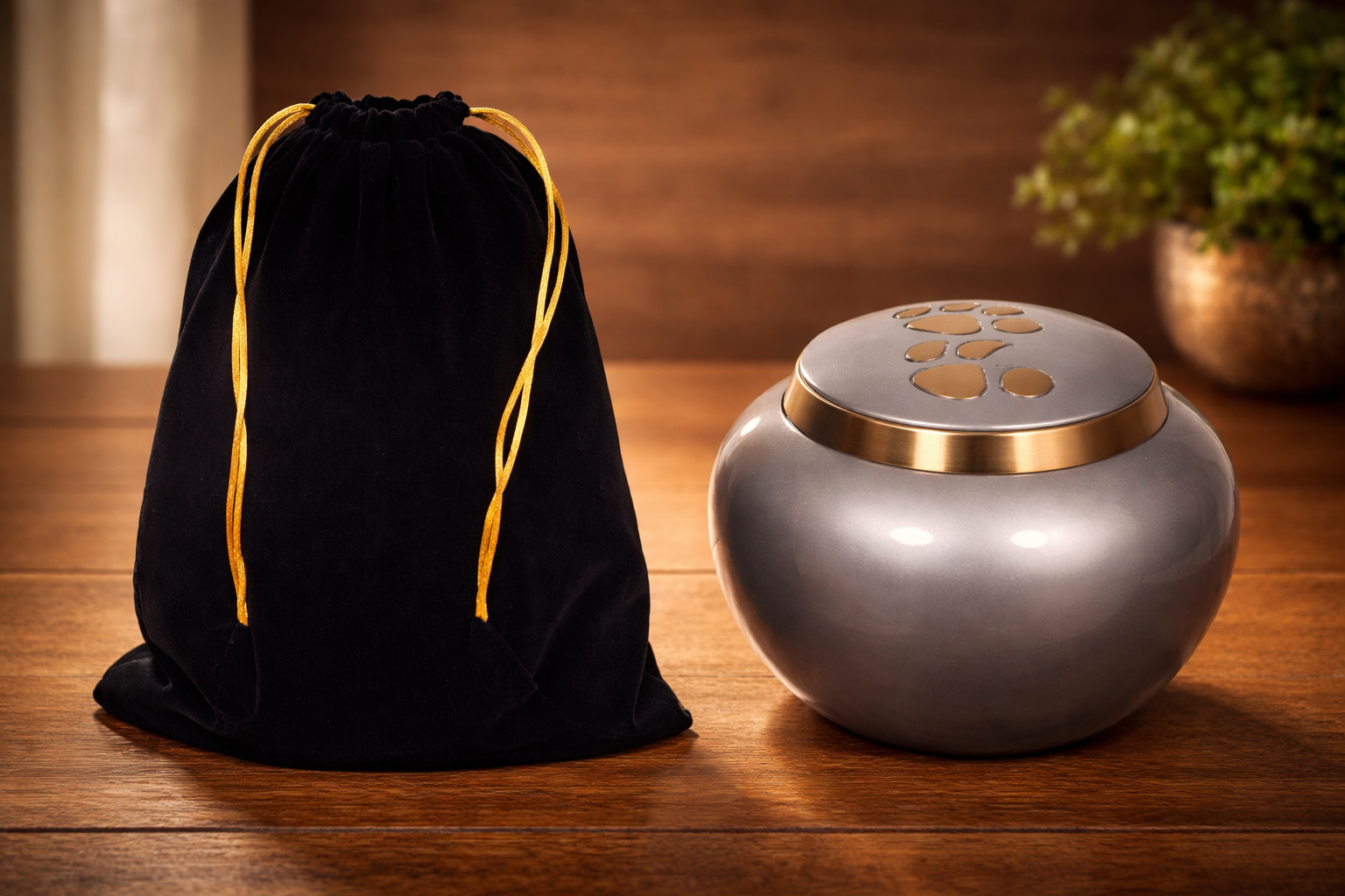 Modern brass pet cremation urn with a smooth round design and paw print lid