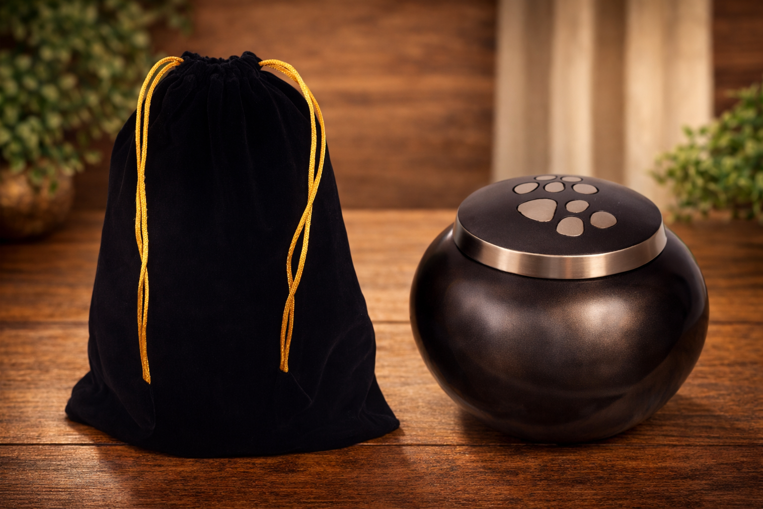 Elegant round brass pet cremation urn with paw print lid and velvet bag