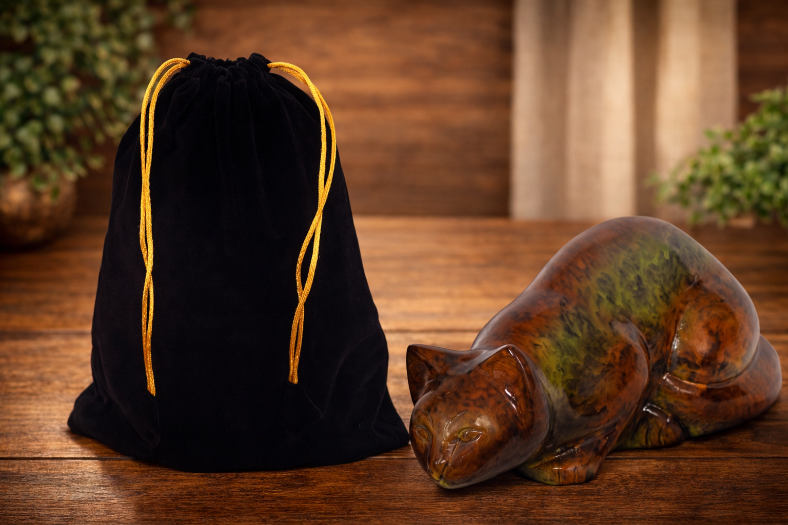 Artistic brass pet urn in a sleeping cat design
