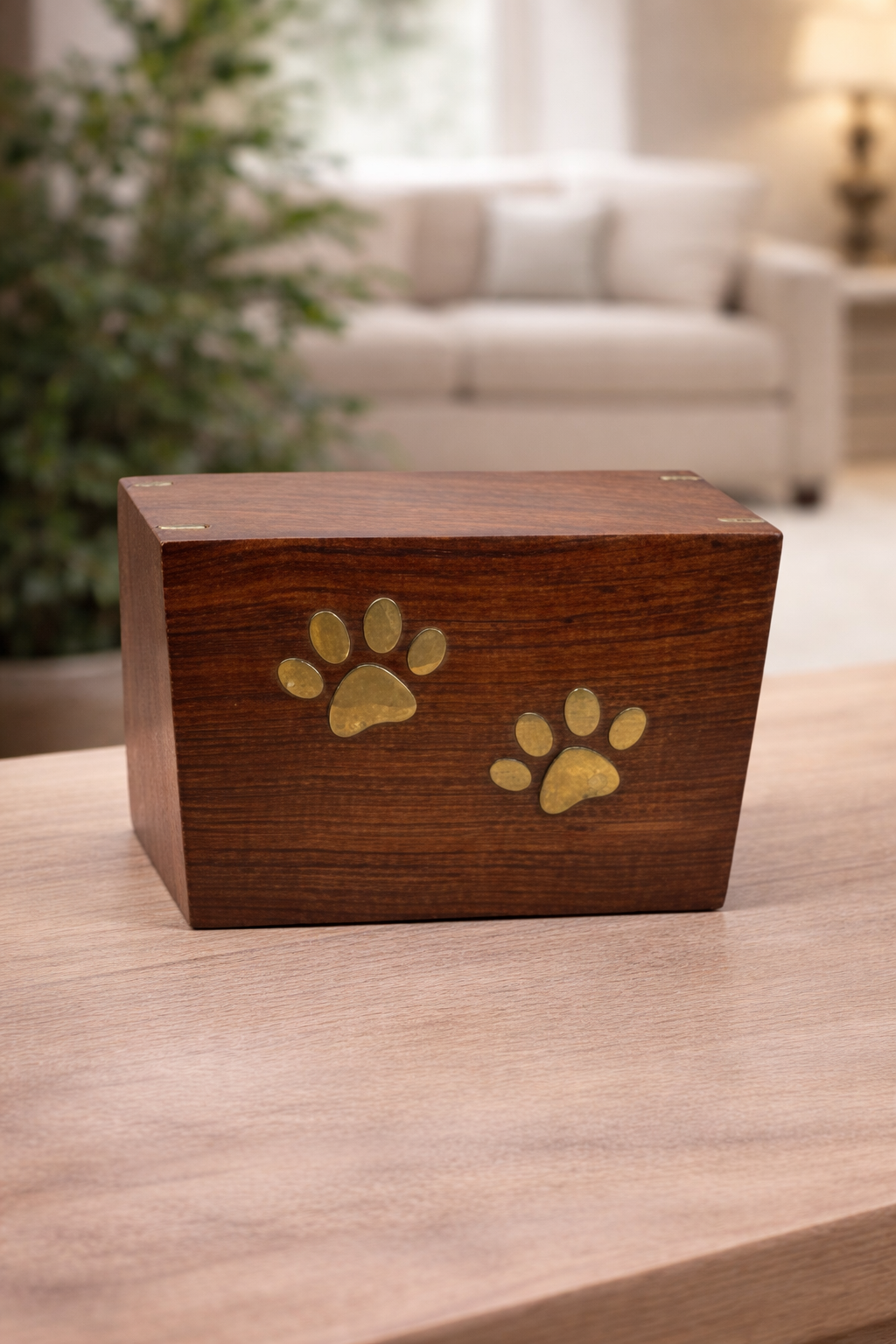 Elegant handcrafted wooden urn box with brass paw print inlay,
