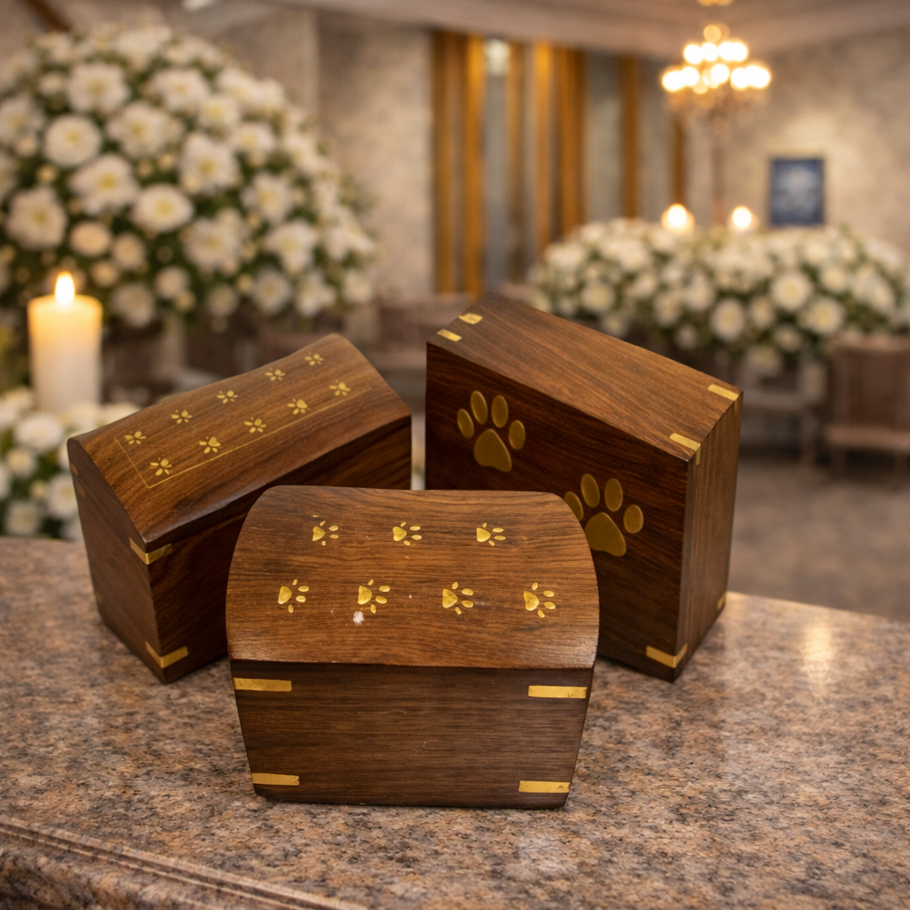 Handcrafted wooden pet urn set with elegant brass paw print inlay