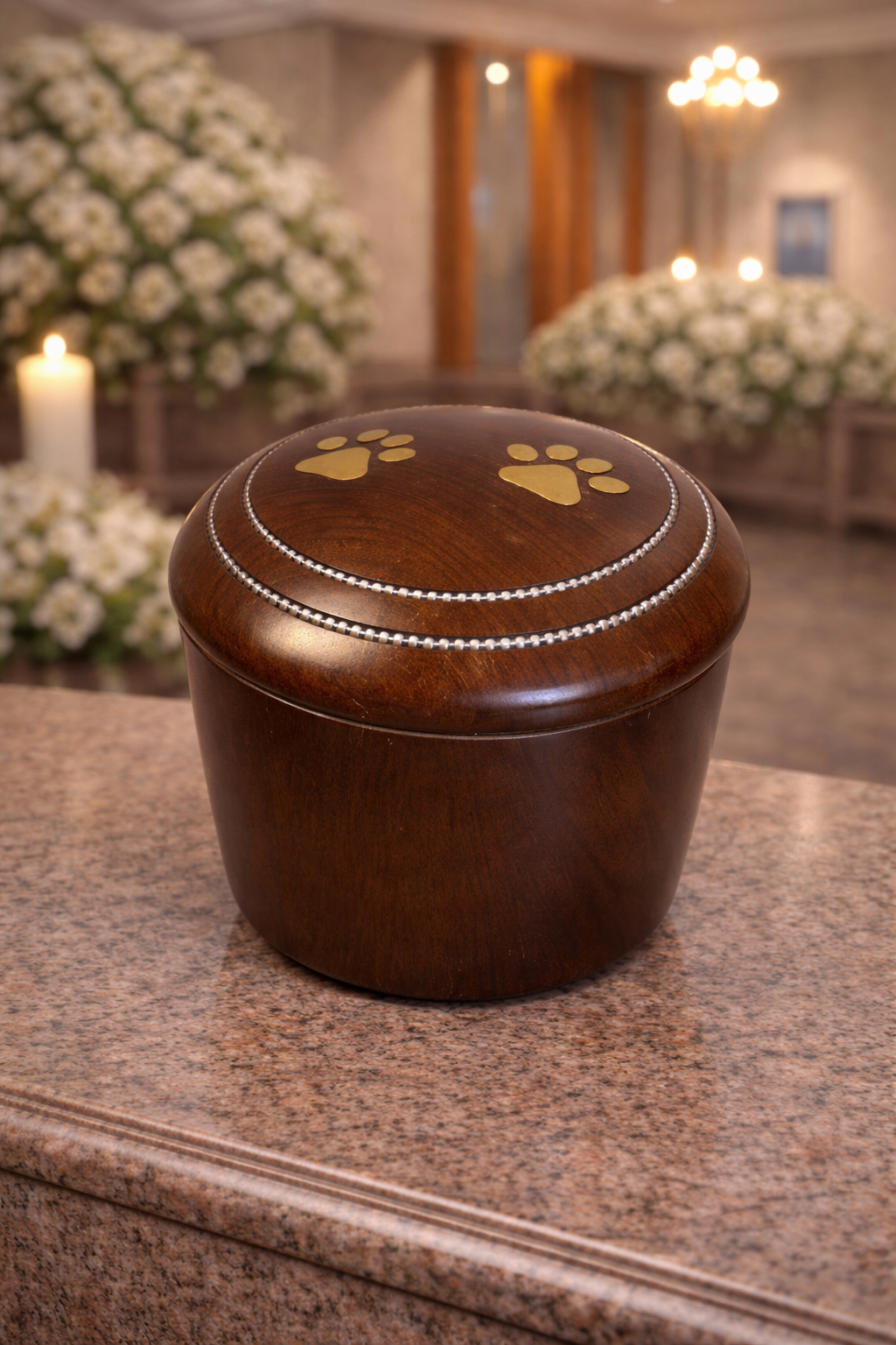 Elegant round wooden pet urn with brass paw print inlay