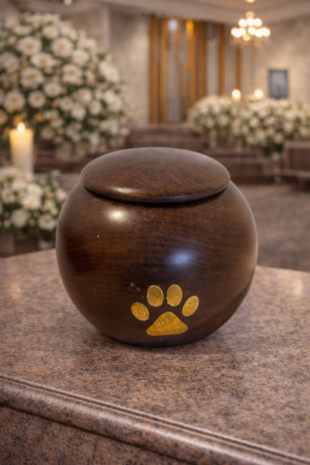 Handcrafted wooden round pet urn with elegant brass paw print