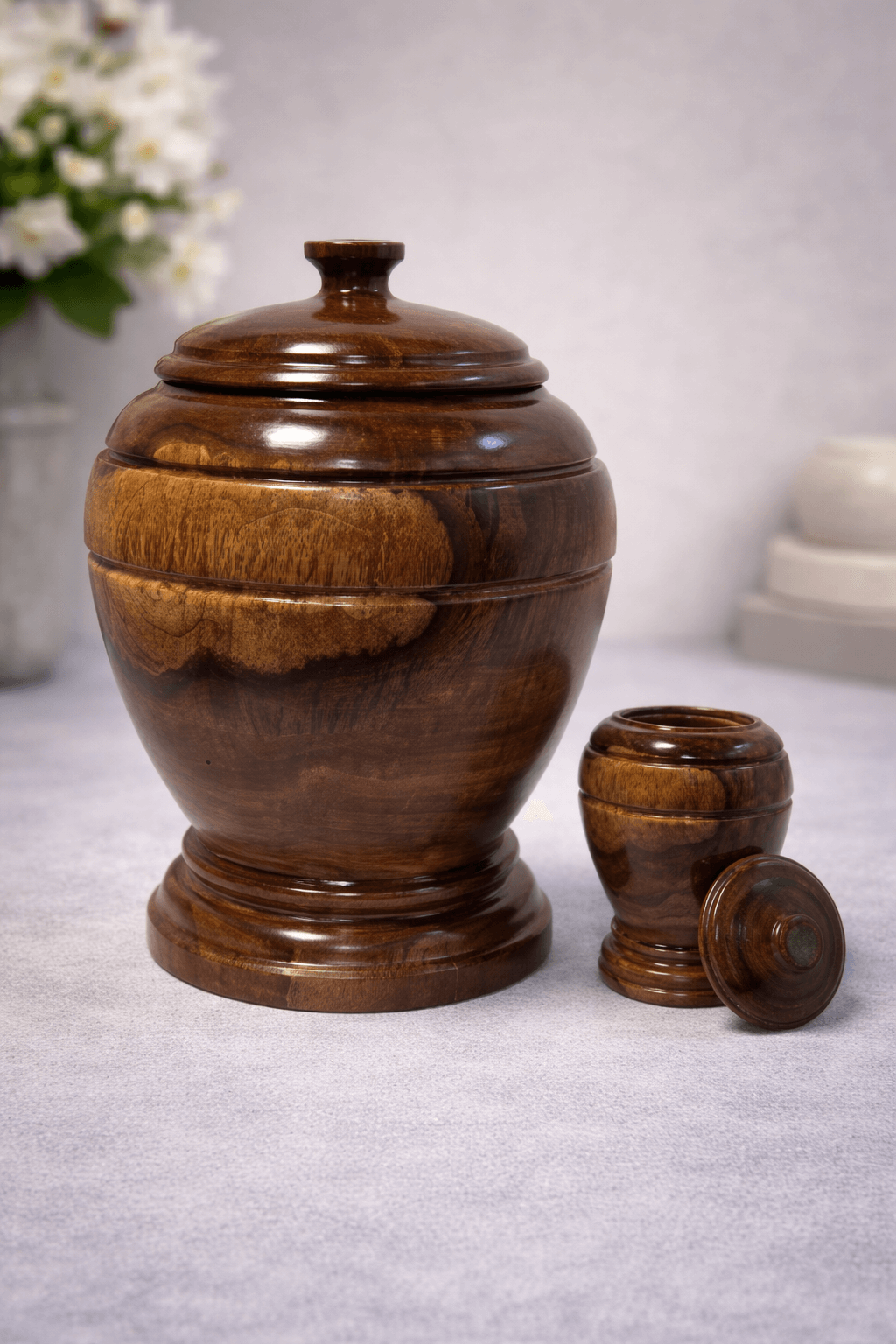 Handcrafted wooden urn with natural grain finish